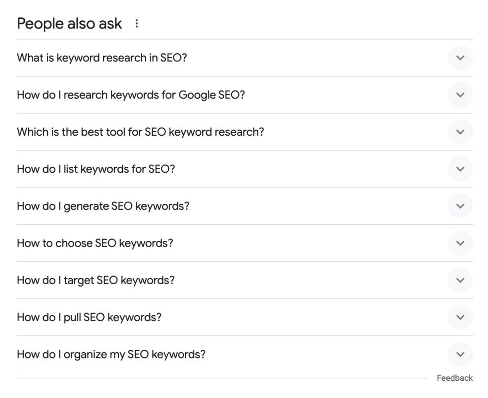 People Also Ask section for keyword "seo keyword research"